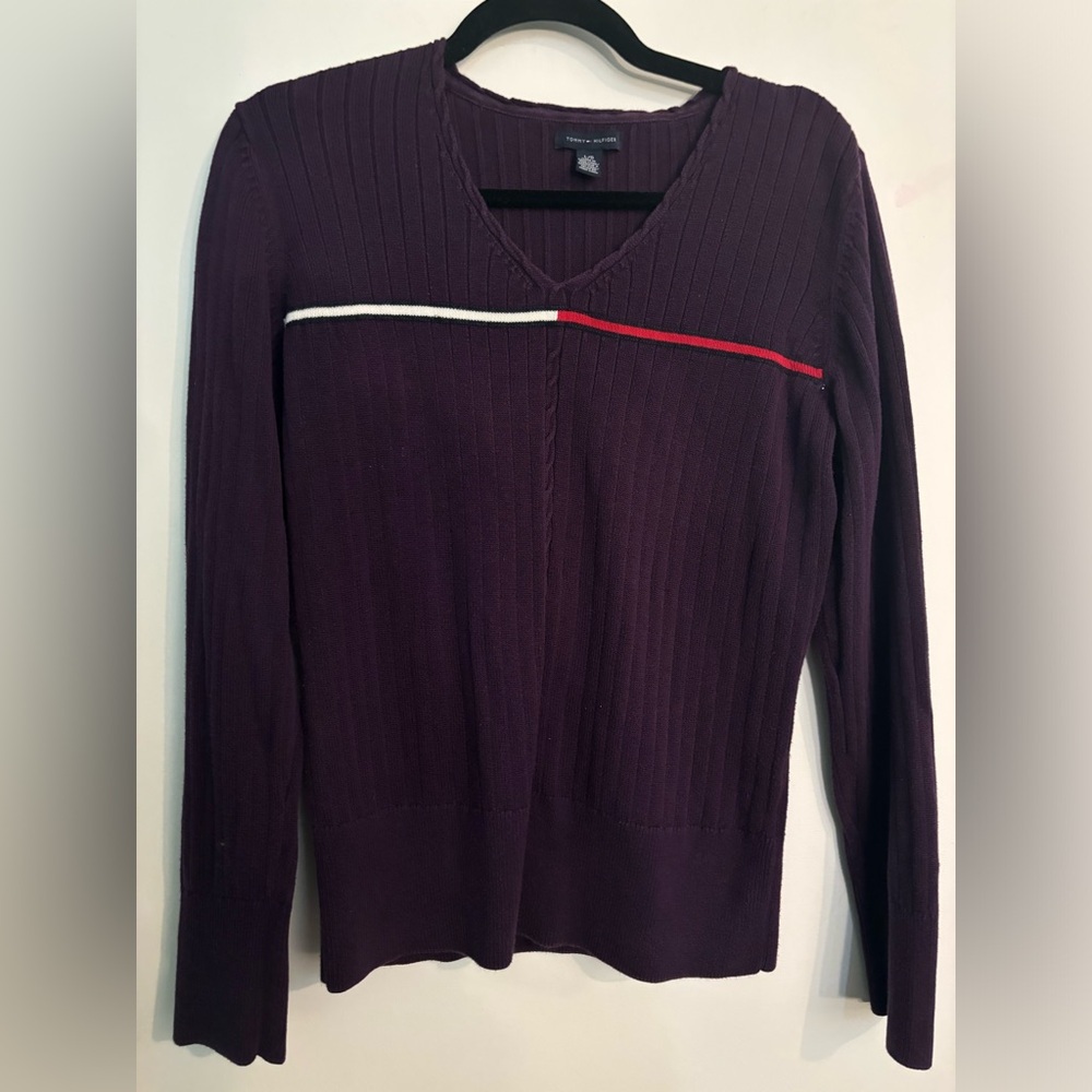 Tommy Hilfiger Womens Plum Ribbed Sweater Cable Knit Red White Blue Accent Large